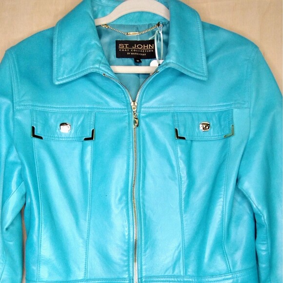 St Johhn Marie Gray Turquoise Soft Leather Short Jacket Medium - Picture 3 of 16
